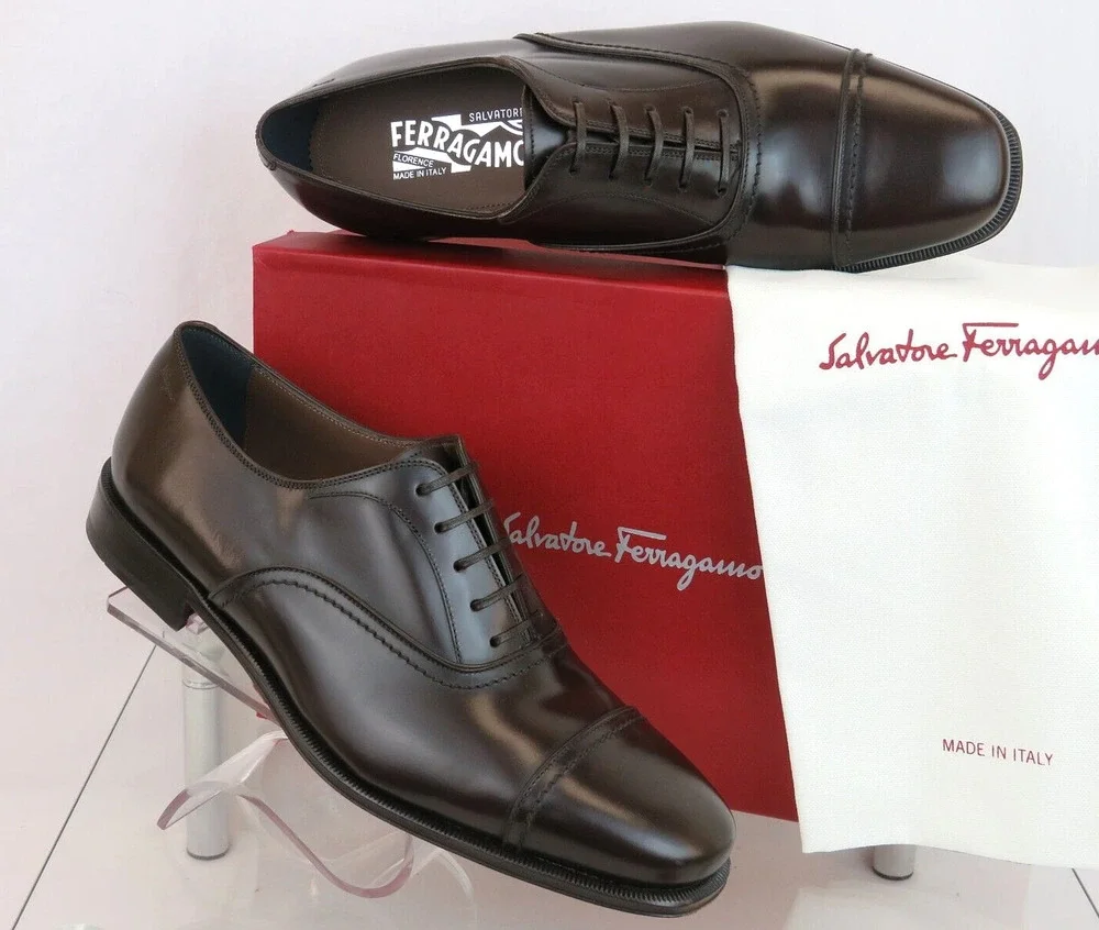 NIB FERRAGAMO SEUL DARK BROWN POLISHED LEATHER CAP TOE LOGO OXFORDS 12 D